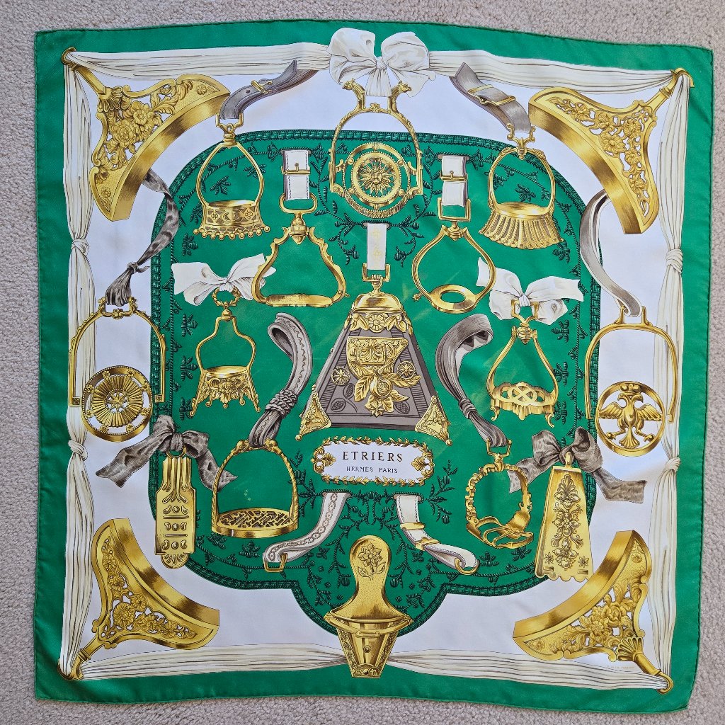 Herms Vintage Silk Scarf Triers Stirrups Equestrian Hand Rolled